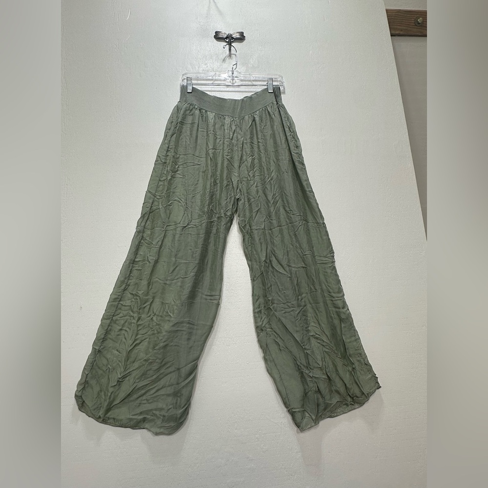 Belle France Made in Italy Olive Green Wide Leg Palazzo Pants Silk Blend size M